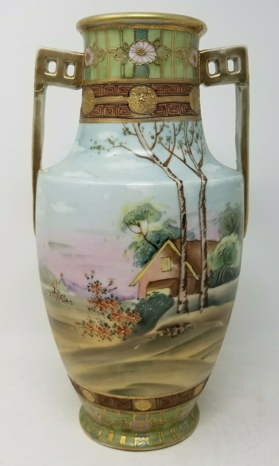 Hand Painted Nippon Double Handle Vase Gold Moriage Gilding - E-oh Mark