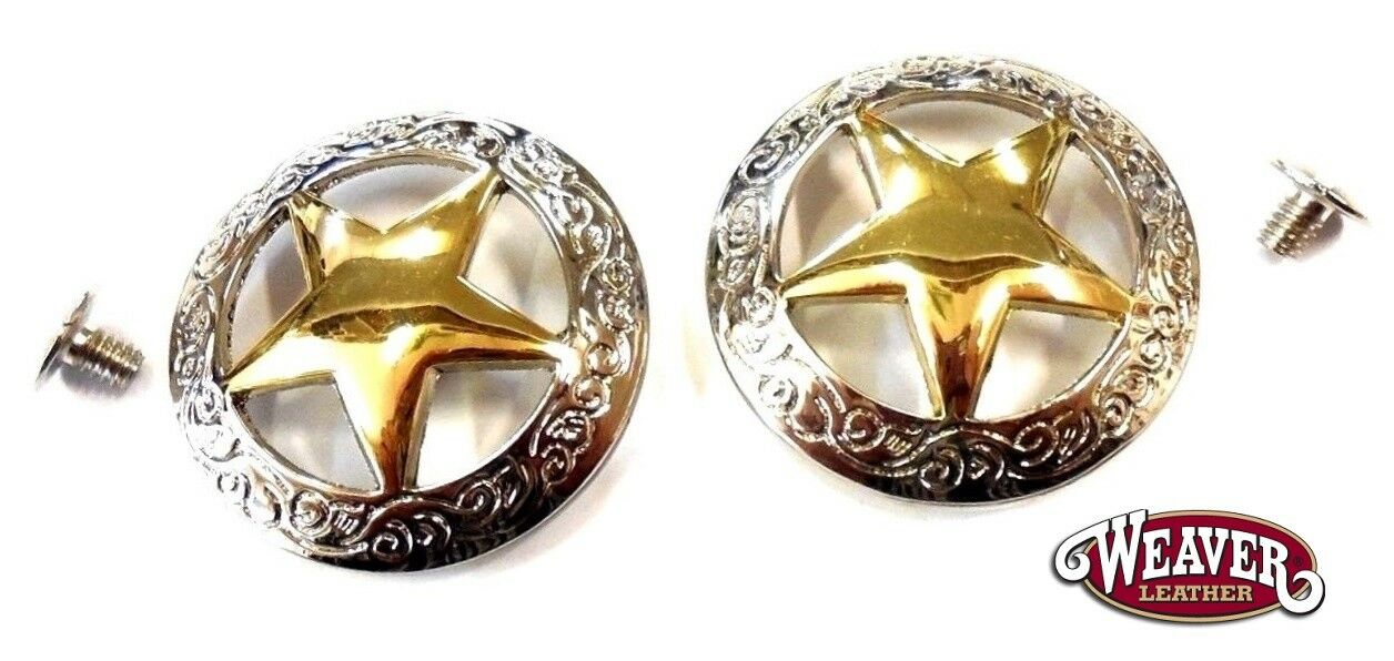 2 Pack Texas Star 18k Gold Plated Conchos 1-1/2" Screw Back By Weaver New