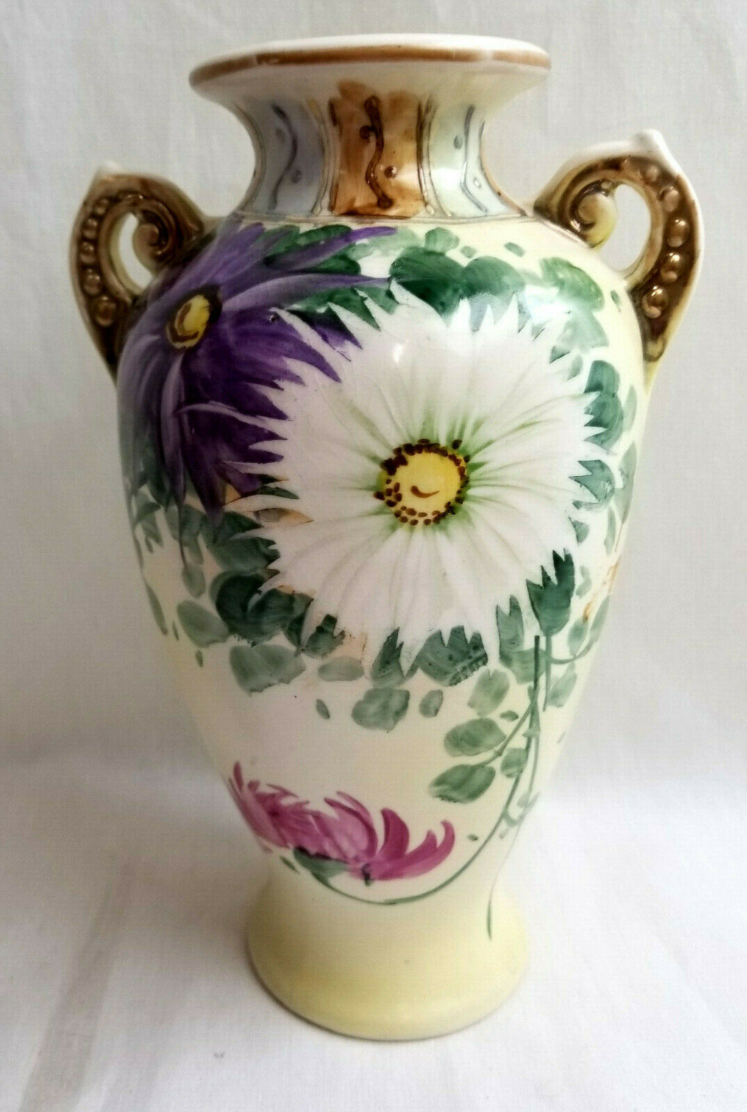 Vintage Nippon Royal Nishiki Moriage 9" Floral Vase Double Handle Hand Painted