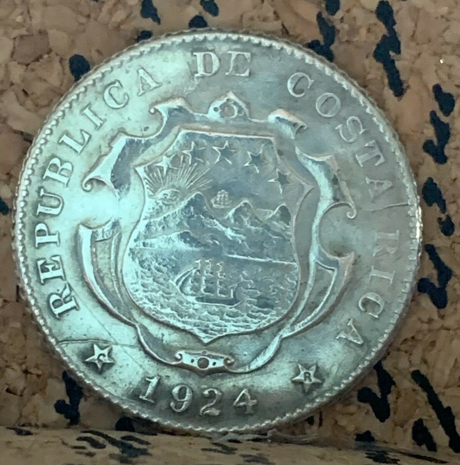 Costa Rica 1924 25 Centavos Silver Au