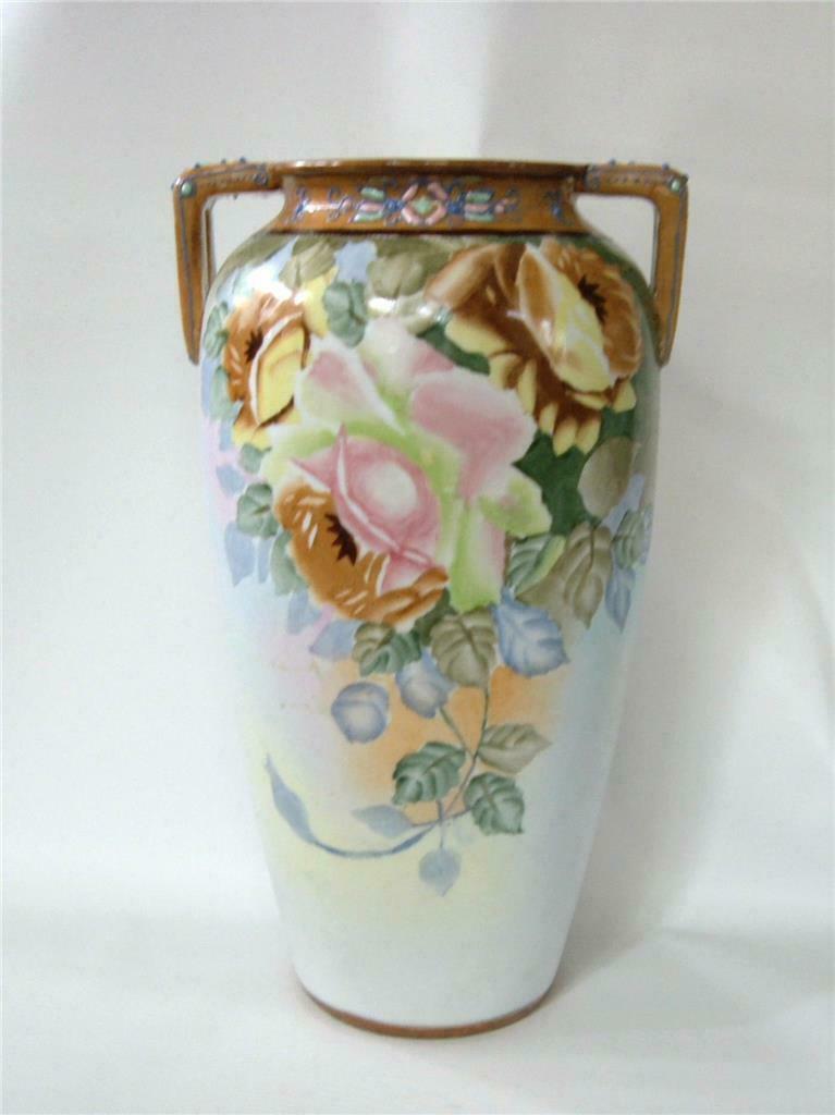Antique Nippon Vase Hand Painted Roses Handles Moriage Enamel Beading Jewels 10"