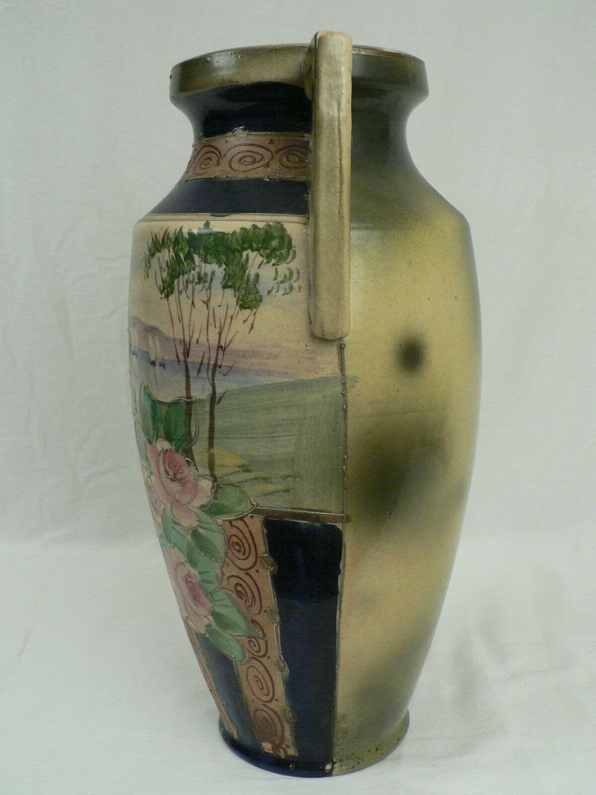 Nippon Vase Amphora Urn Dbl Handles Antique Circa 1910-1920 Hand Painted Ceramic