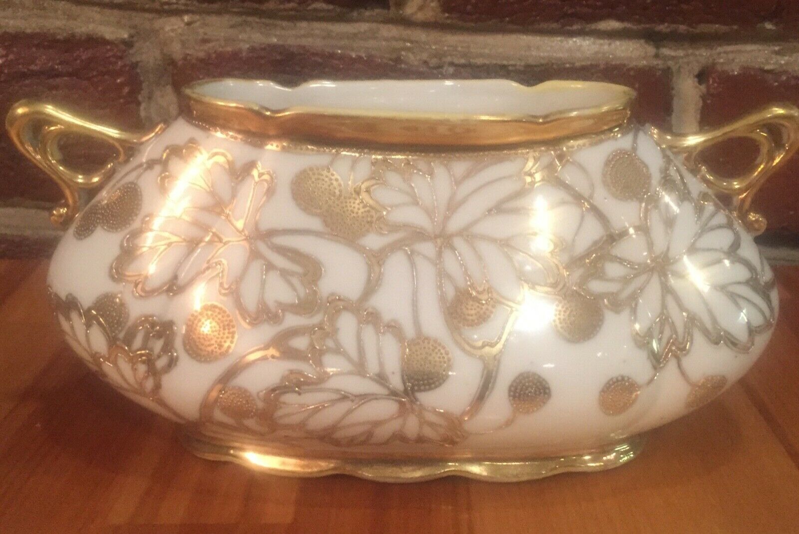 Nippon Ornate Vase Bowl Gold Beaded  Moriage Hand-painted 2 Handled Old Mark