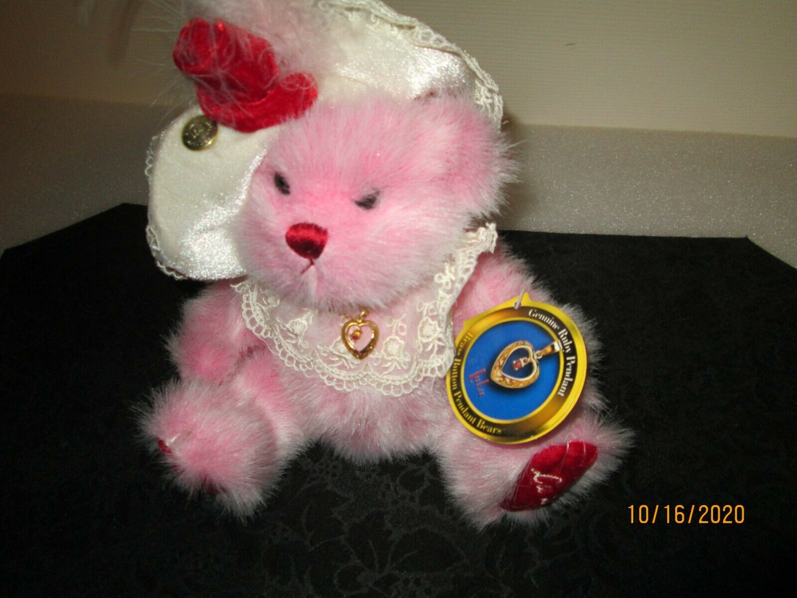 Brass Button Pendant Bears Year 2000 Vtg Pink Plush 9 Inches Named "lulu"