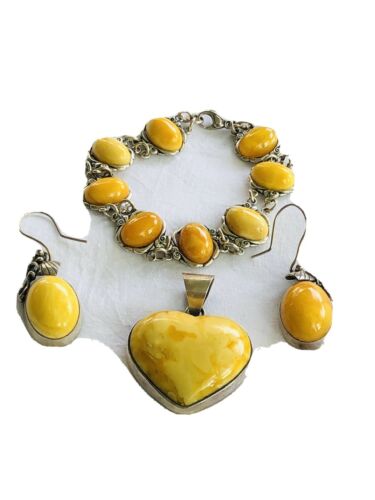 Egg Yolk Amber Sterling Silver Four Piece Set Outstanding, Never Worn By Myself