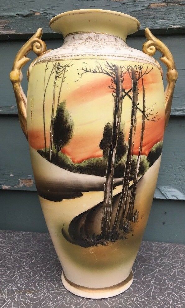 Vintage Nippon Hand Painted Large Vase Double Handle Tree Stream Sunset Scene