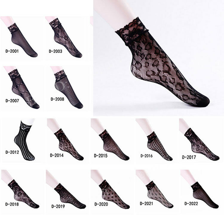 Women Lady Soft Lace Ruffle Fishnet Mesh Black Ankle Socks Anklet Short Socks