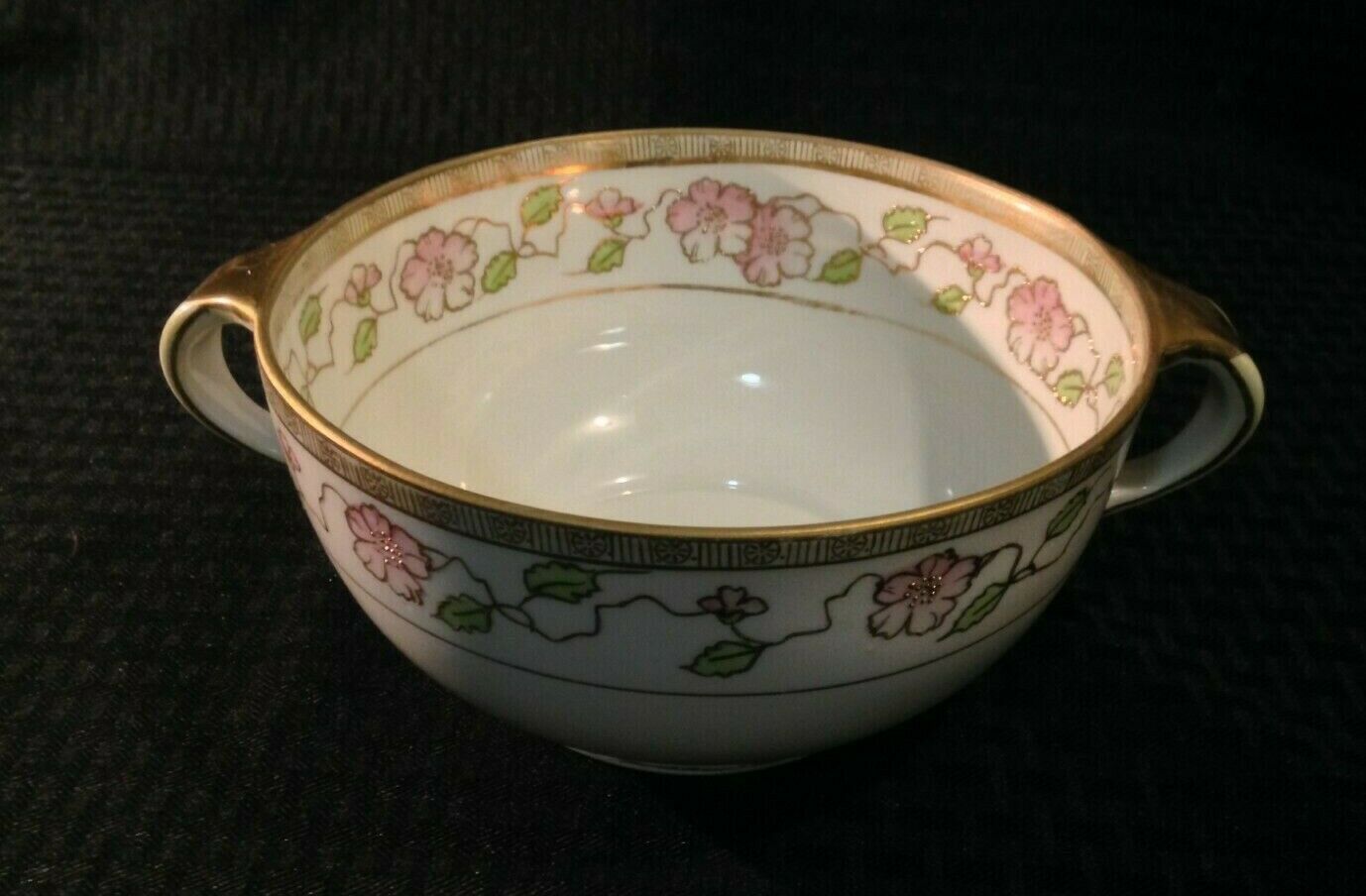Antique? Hand Painted Maruki Nippon Double Handle Bowl 7 1/4" Diameter Floral