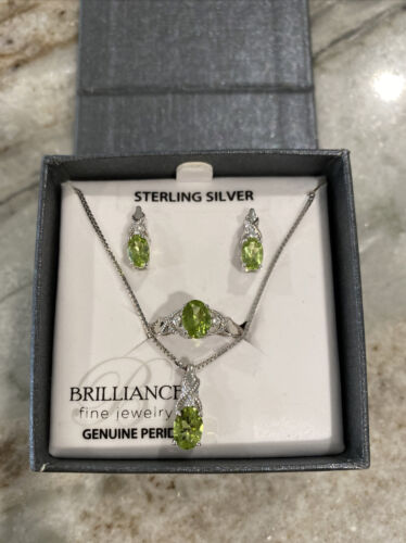 Brilliance Sterling Silver Genuine Peridot With Cz 4 Piece Set In Gift Box