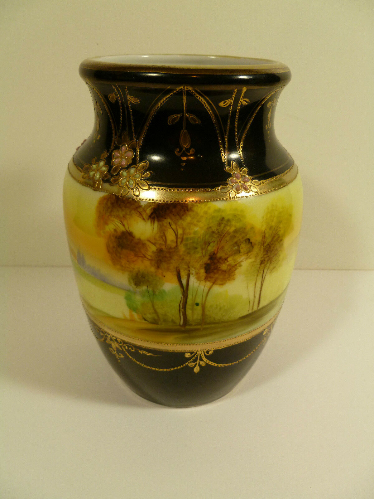 Nippon Black & Gilt Scenic Hand Painted Vase With Enameling