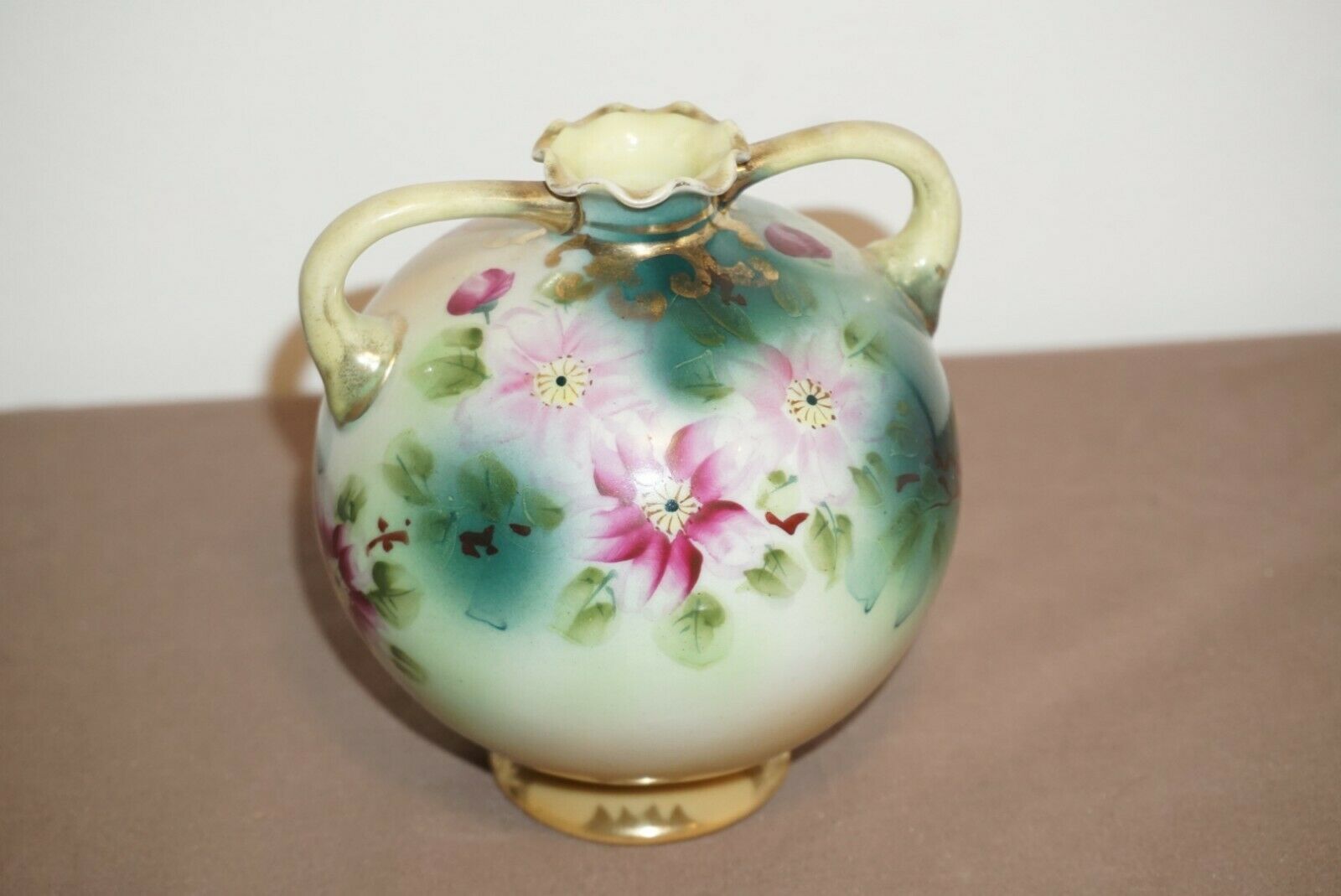 Early Nippon Hand Painted Double Handle Floral Ball Vase Urn