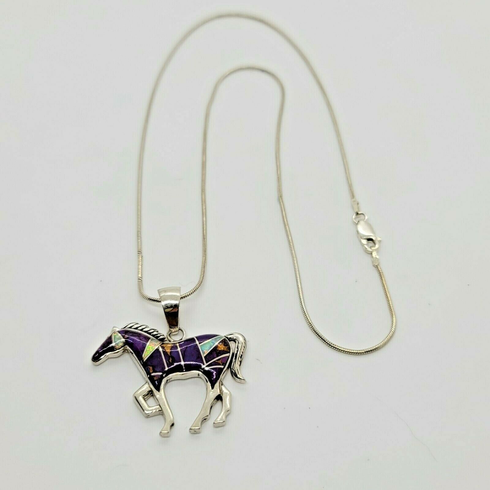 Sterling Silver Mohave Purple Turquoise & Opal Inlay Horse Pendant  18" Chain