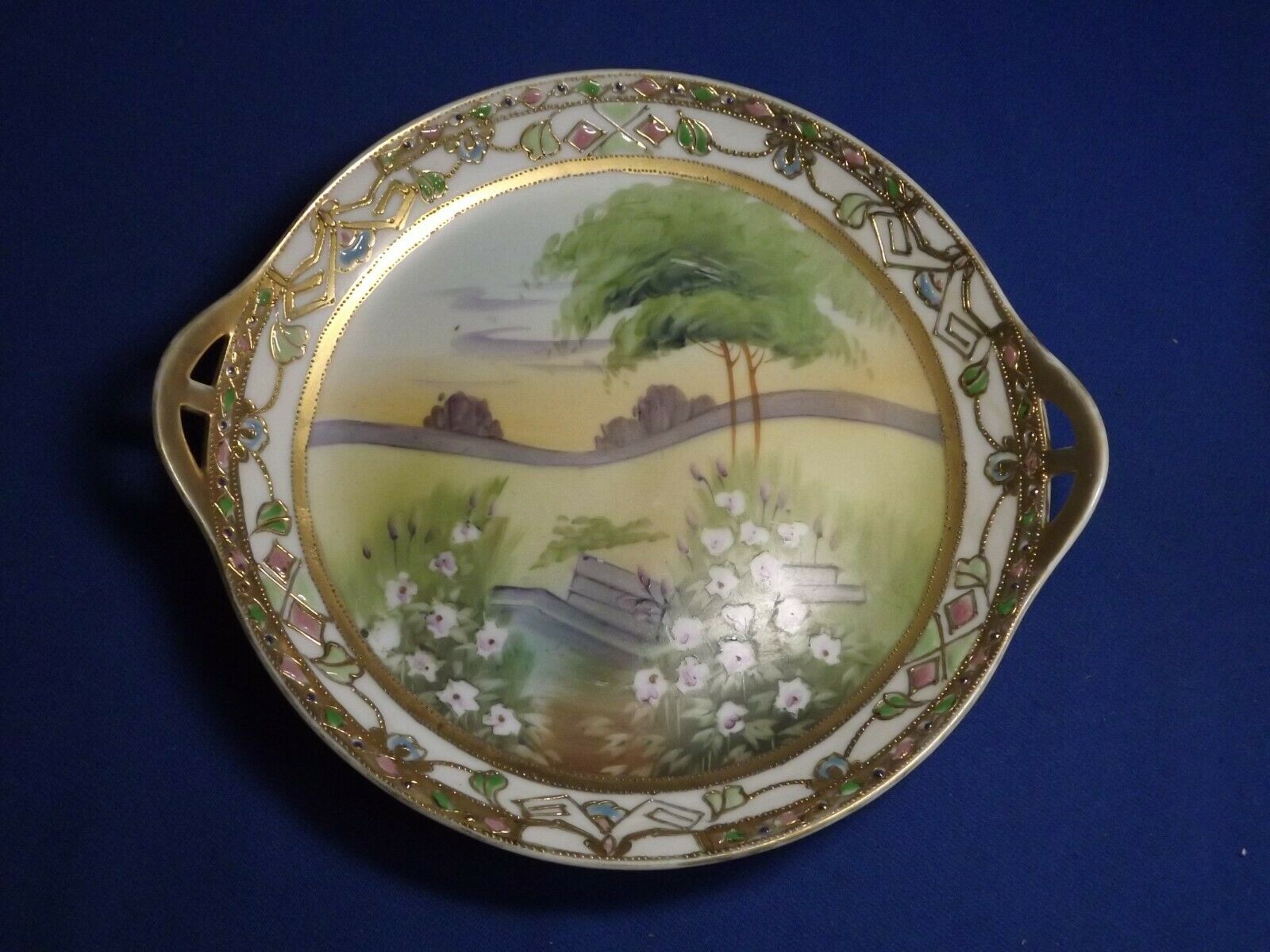 Hand Painted Nippon Scenic Beaded Jeweled Raised Gold Gilt Handled 8 3/4" Plate