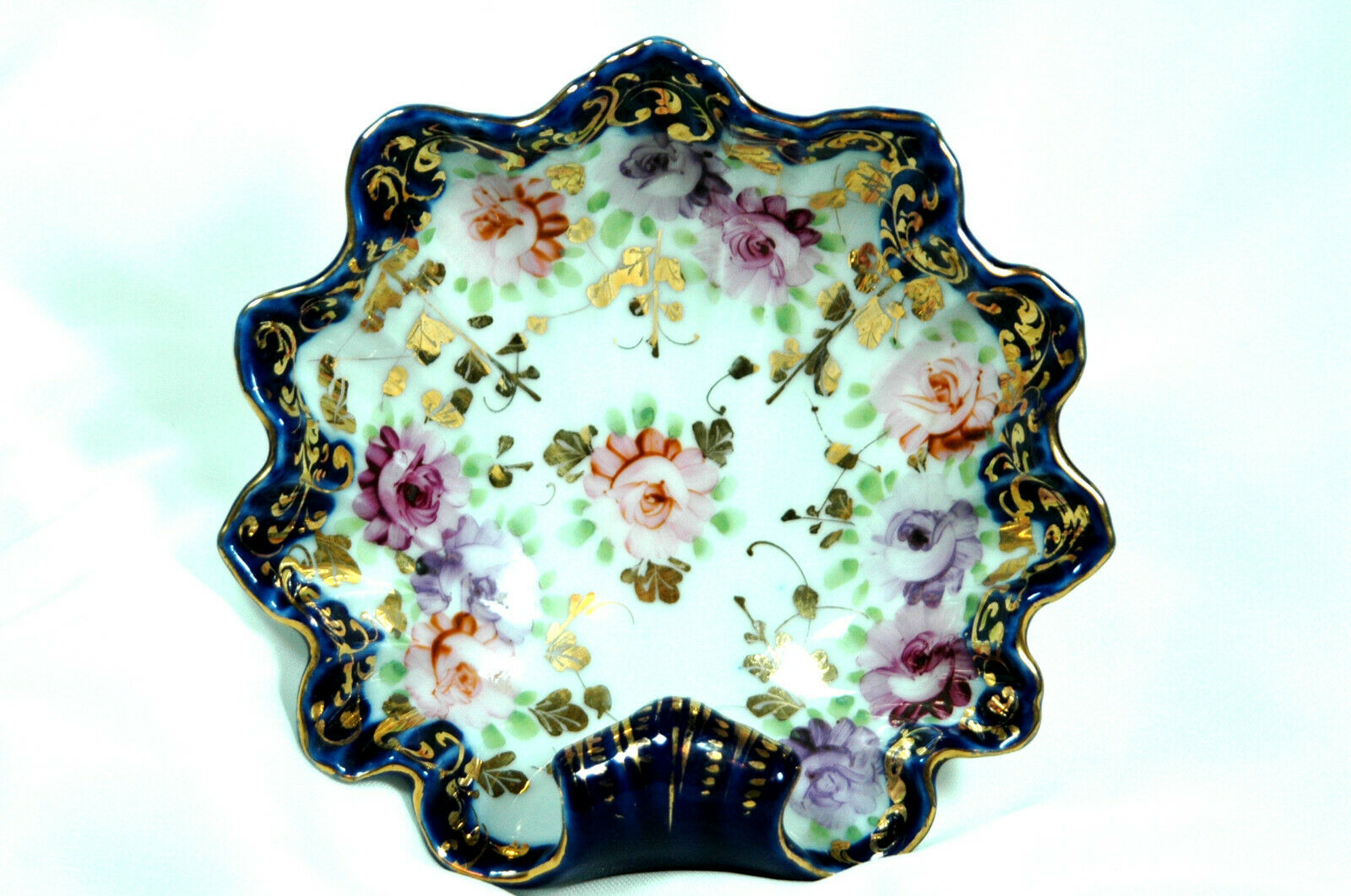 Antique Nippon Cobalt Blue Hand Painted Pink & Lavender Roses Gold Dish Bowl