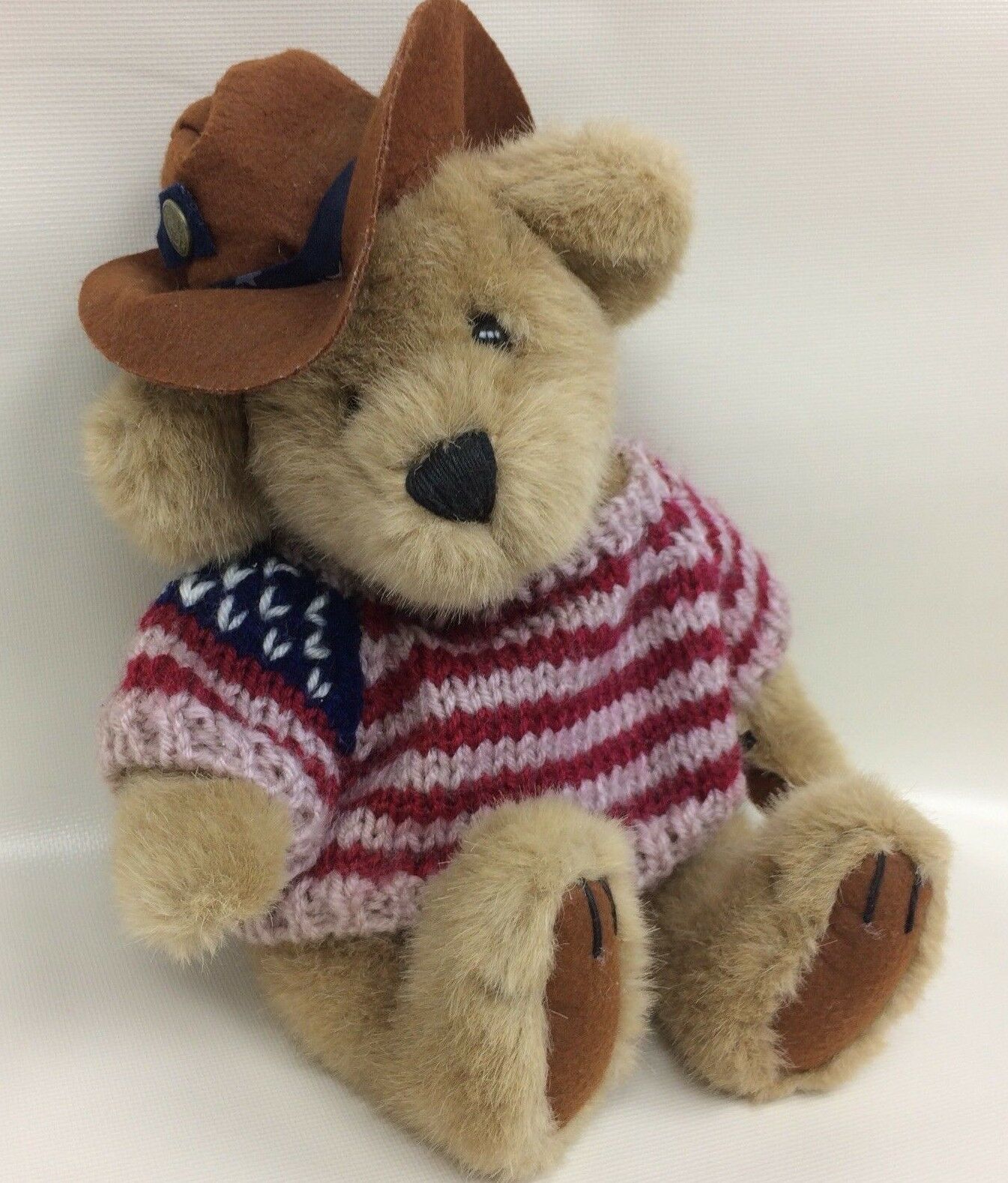Patriotic Plush Teddy Bear Knit Sweater And Brown Felt Hat Original Brass Button