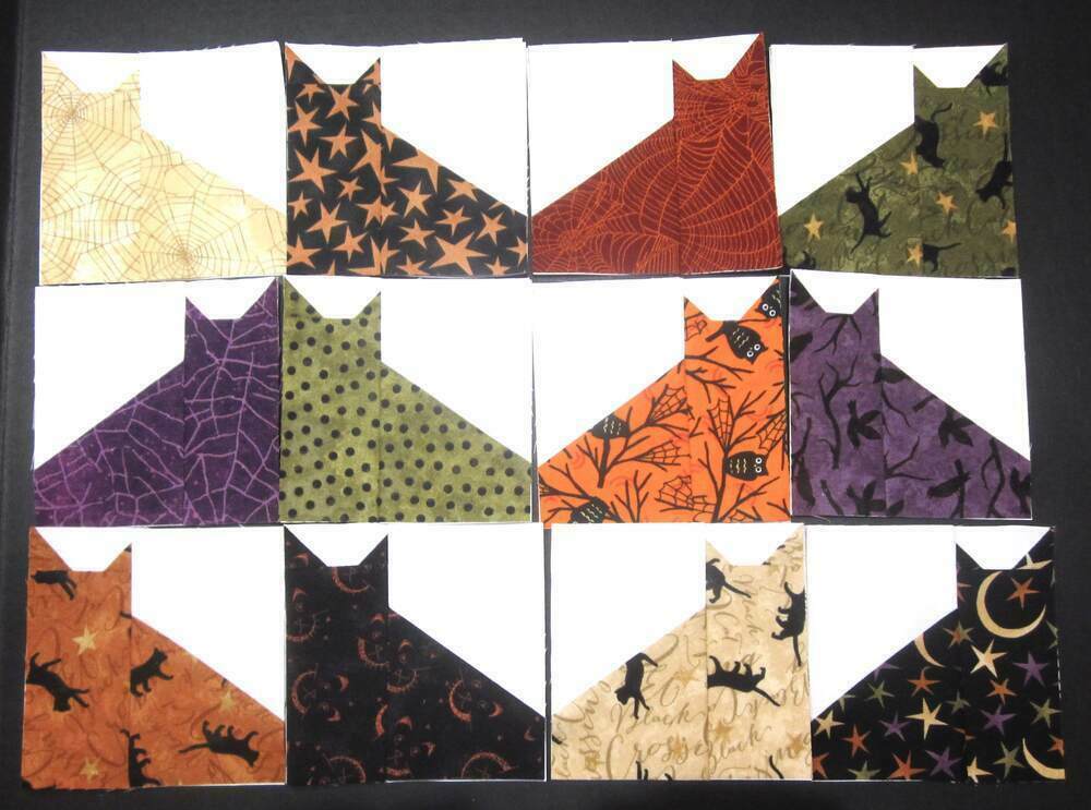 12  Halloween  Cats  4-1/2"  Mini Quilt Top Blocks  Black Cat Crossings Fabric +