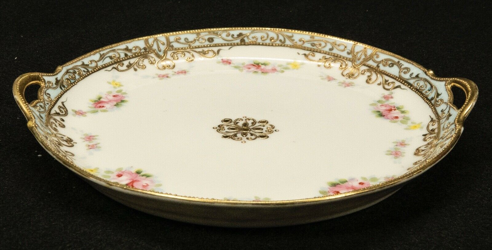 Antique Nippon Hand Painted Plate Light Blue Border Moriage Gold & Pink Roses