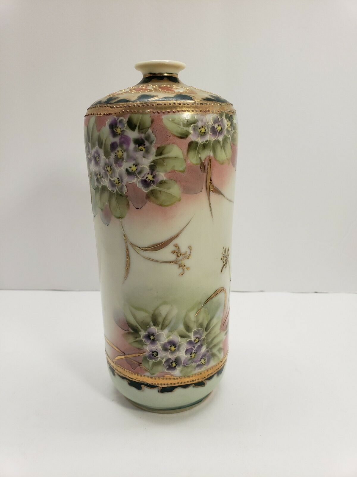 Antique Nippon Moriage 7 Inch Vase, Multicolored,  Gold, Purple Flowers