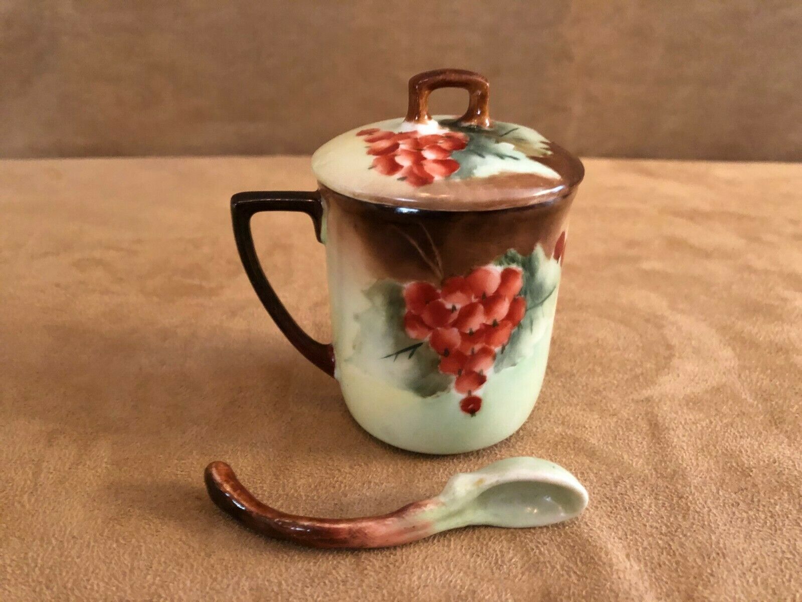 Antique Nippon Condiment Jam Jar Art Deco Grapes Brown Porcelain Serving Table