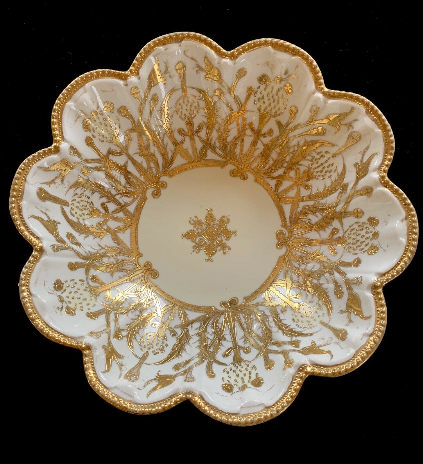 Beautiful Antique Nippon Hand Painted Heavy Gold Gilt Moriage White Serving Bowl
