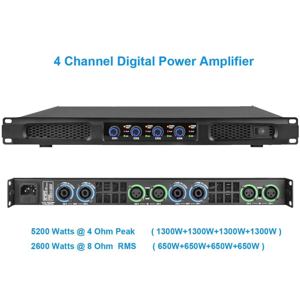 High-tech 5200w 4 Channel Class D Digital Power Amplifier 5200 Watts Peak Output
