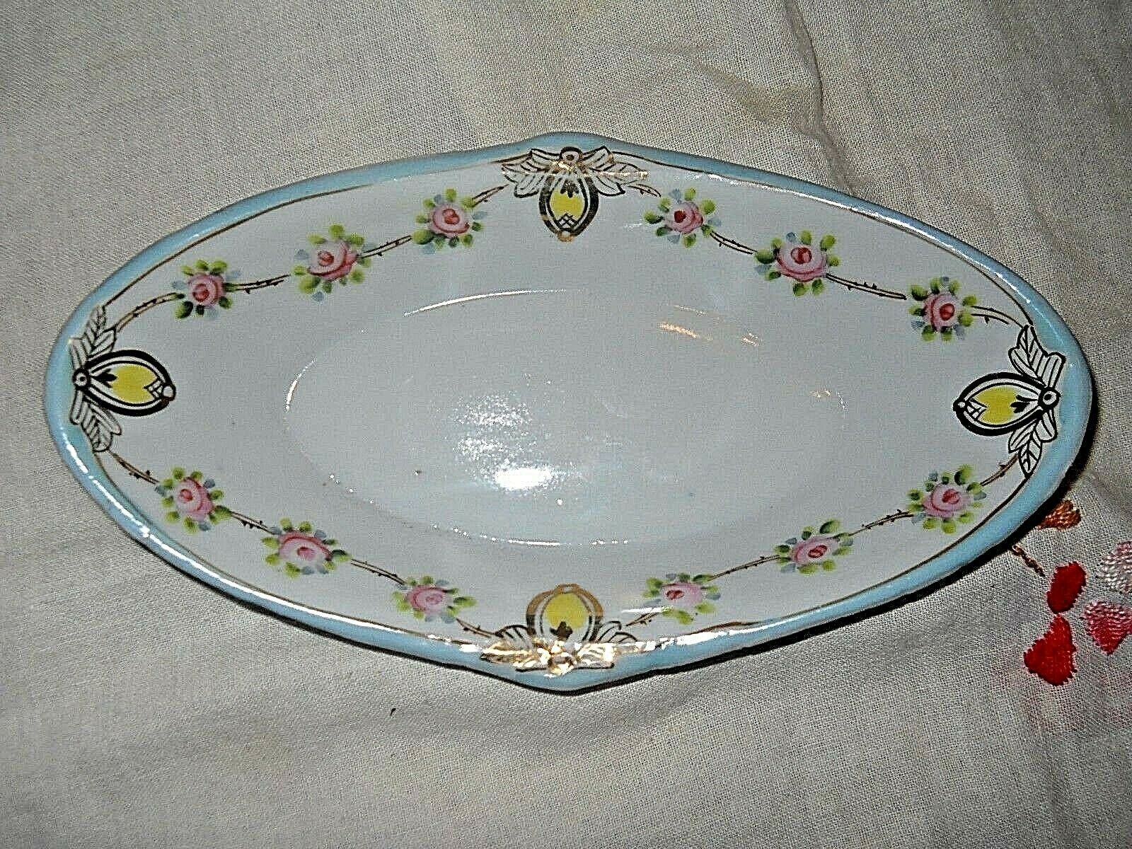 Nippon Mark Crown Star Oval Pink Roses Garland Vintage Nut Candy Dish Blue White