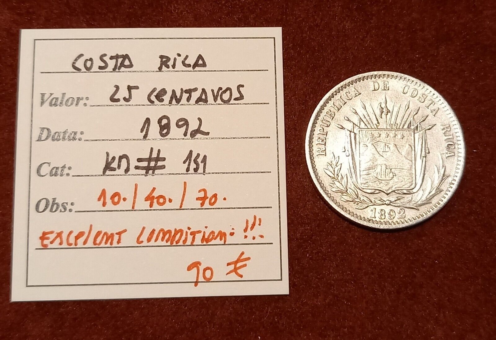 Costa Rica 25 Centavos 1892 - Excelent Conditioin