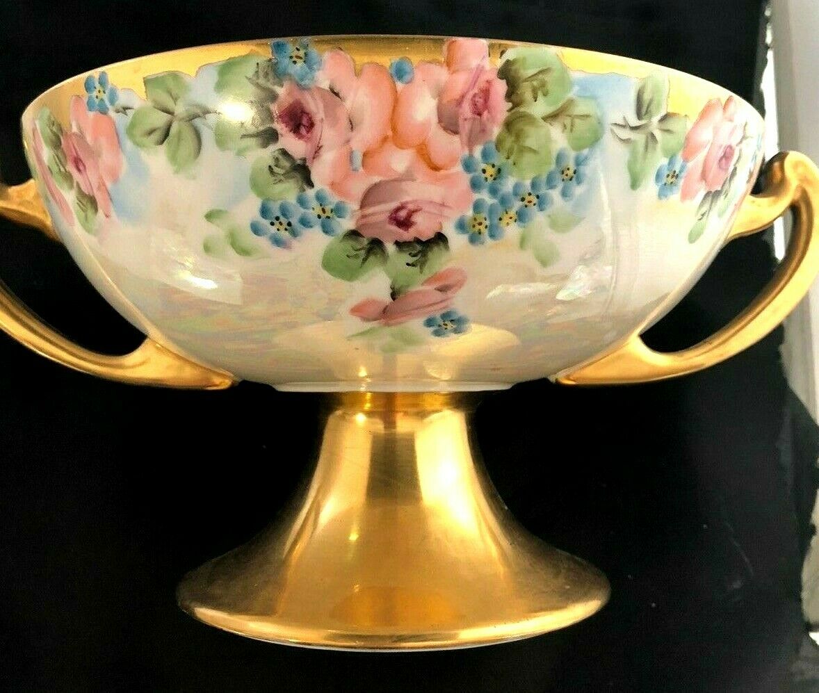 Superb Pearl Luster & Gilt Painted Roses & Forget-me-nots Pedestal Bowl Compote