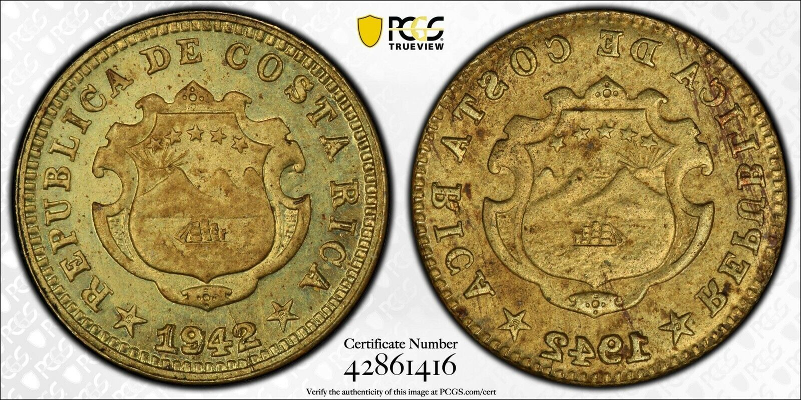 Er212 Costa Rica. Mint Error -- Full Brockage Reverse -- 5 Centavos, 1942-bncr.