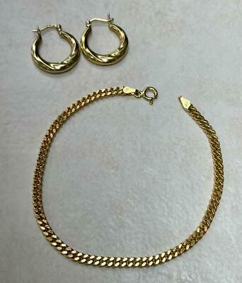 Gp Sterling Silver Curb Chain Bracelet & Huggie Earrings Set ~ 9g ~ 11-a1739