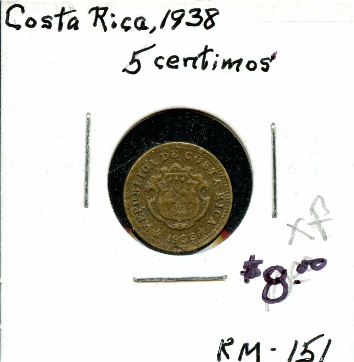 1938 Costa Rica 5 Centimos Coin Fu303