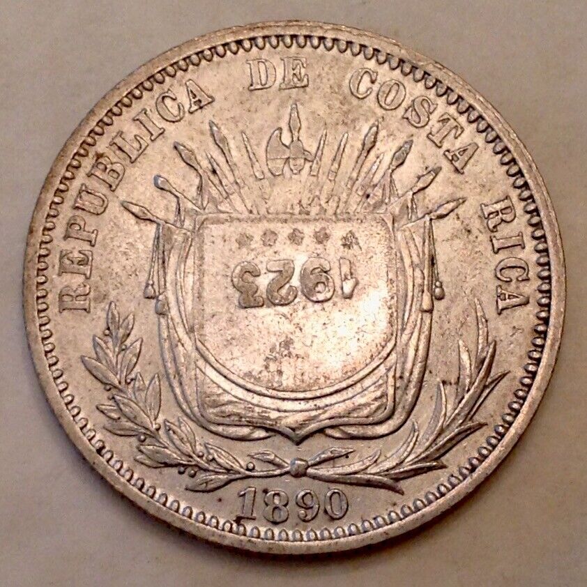 ~ 1923  Costa Rica 50 Centimos  Counter Stamped On 1890 H 25 Centavos