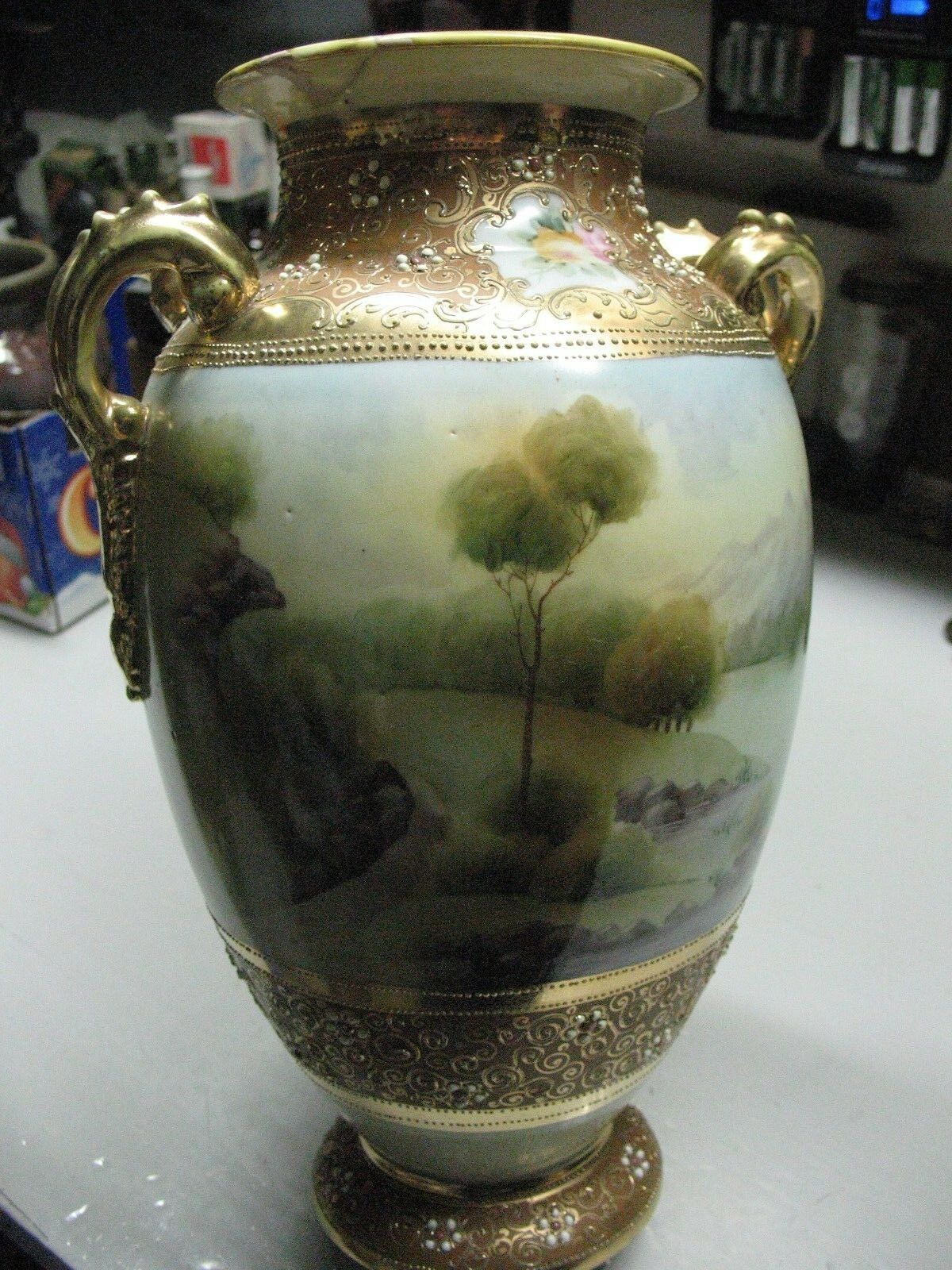 Nippon Hand  Painted     Vase  12''   Gilded  Beaded  Repaired