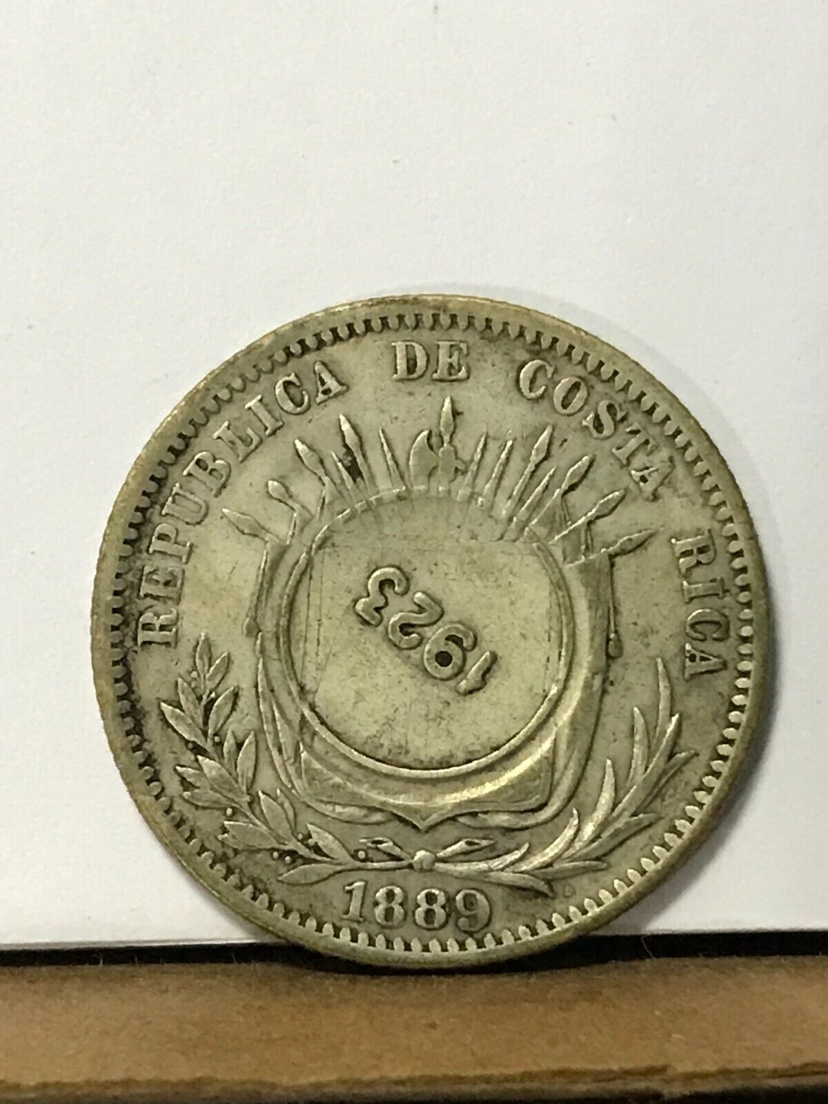 Costa Rica 1923 50 Centimos Counterstamp On 1889 25 Centimos Coin    L107