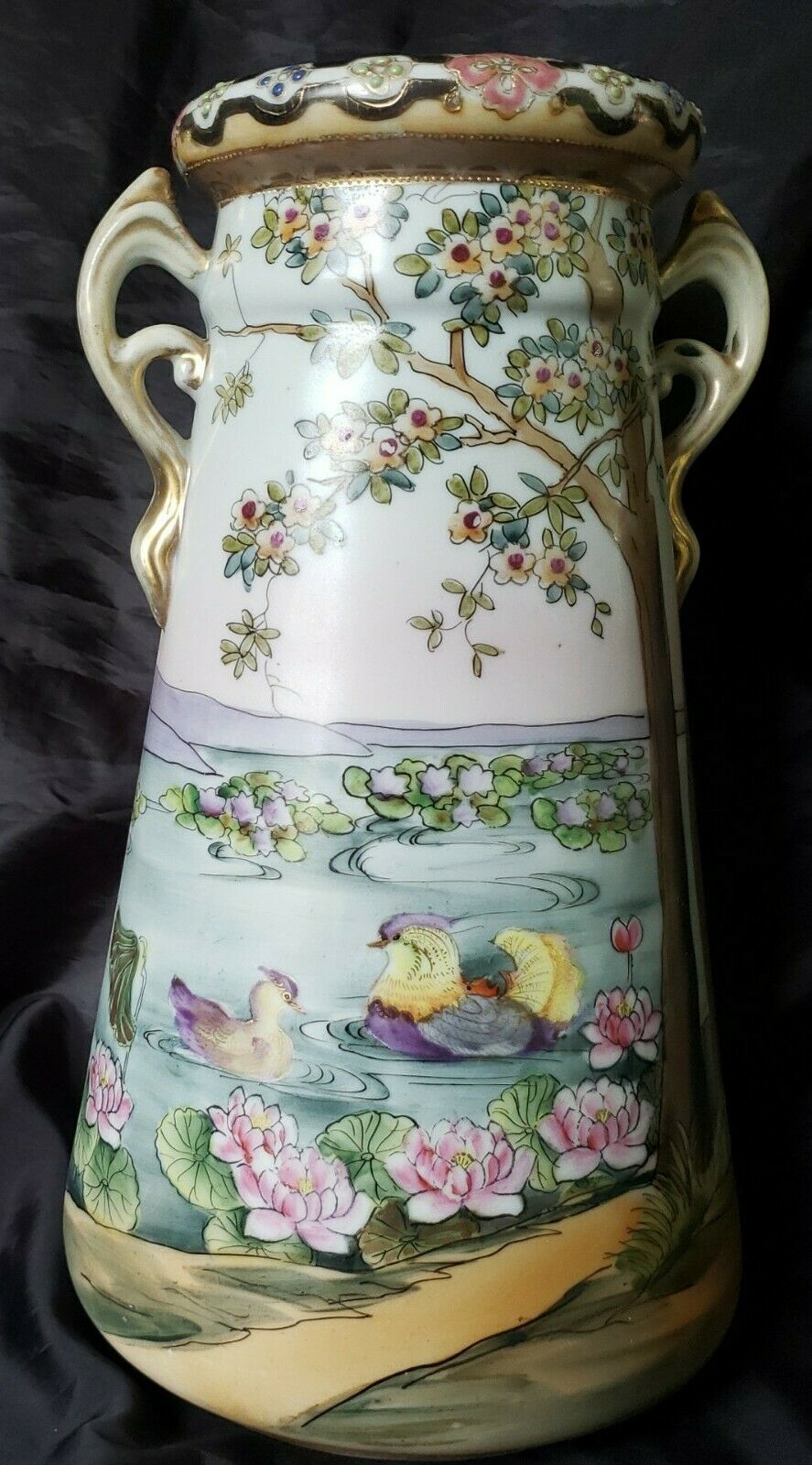 Antique Imperial Nippon Hand Painted Lotus & Ducks Gold Accents Vase 11" Beaded