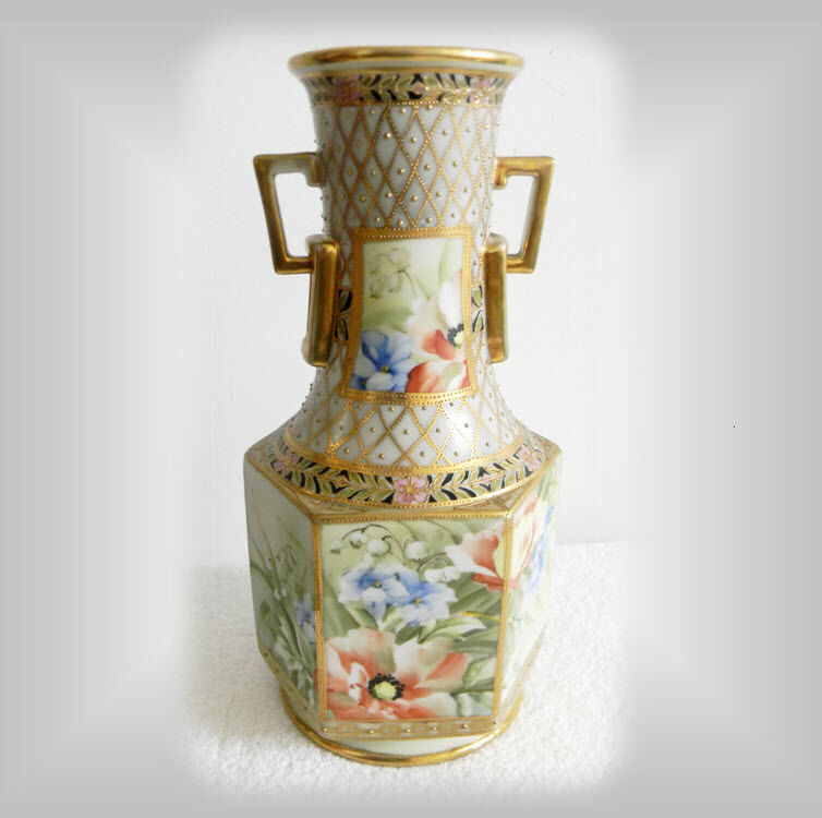 Nippon Hand Painted Vintage Vase With Heavy Gold And Beading