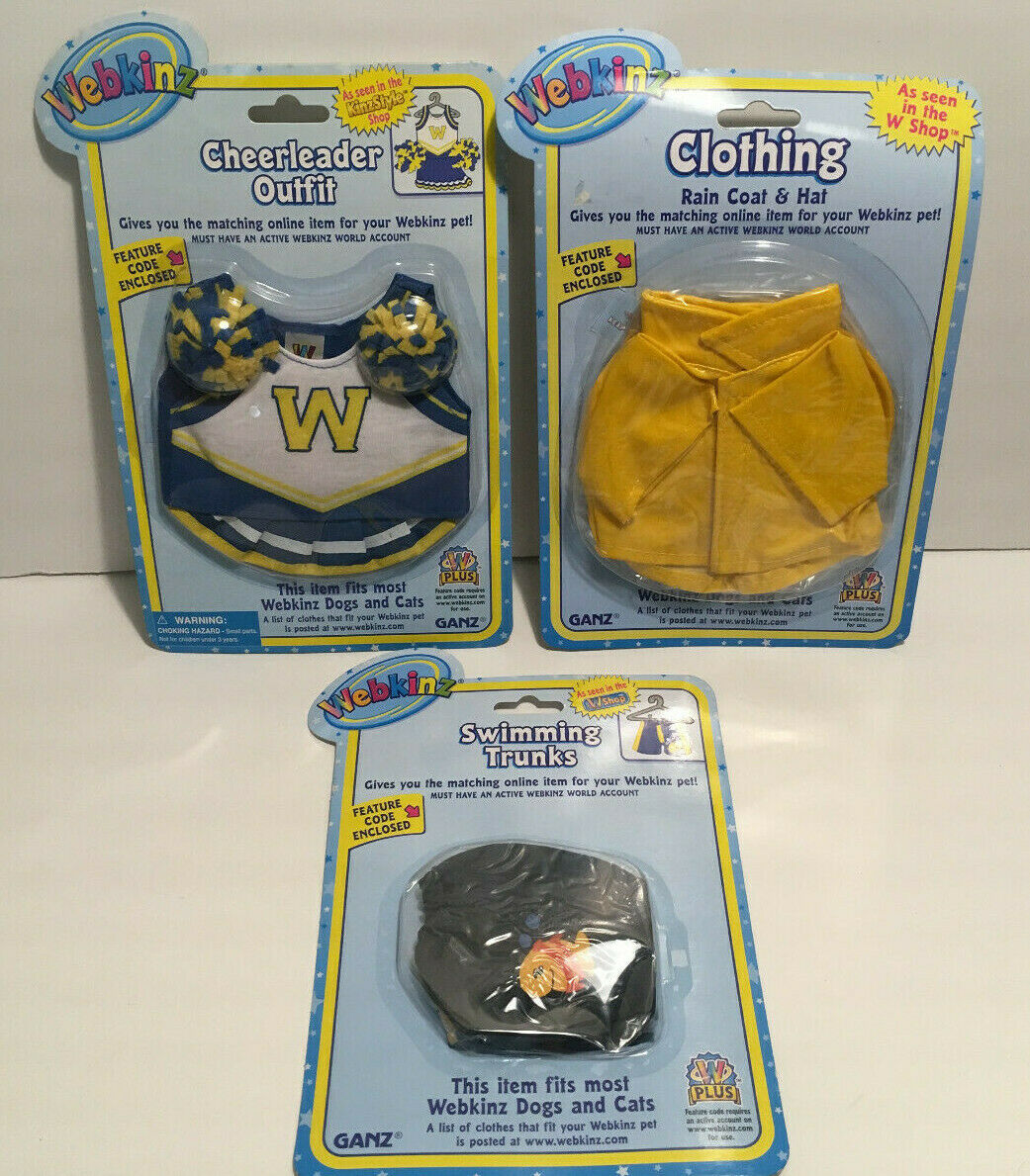 Webkinz Clothing Clothes Outfit Lot Cheerleader, Rain Coat & Hat, Swimming Trunk
