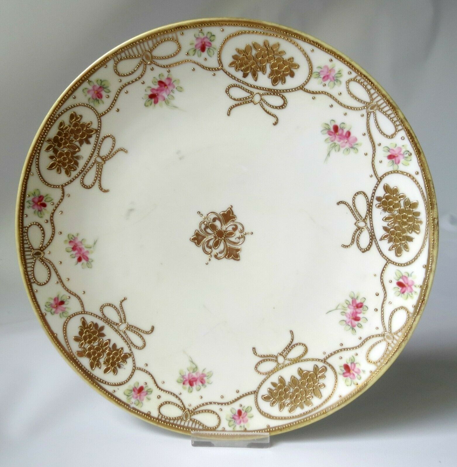 Antique Nippon 8" Plate Pink Flower Beaded Gold Raised Bows Maple Leaf Mark 1891